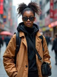 stylish and chic  woman in Shanghai wearing a contemporary streetwear outfit, Nanjing Road in the background