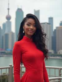 stylish and chic  woman in Shanghai wearing a traditional qipao/mandarin-collar suit, modern skyline in the background