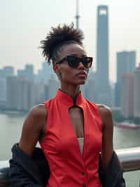 stylish and chic  woman in Shanghai wearing a traditional qipao/mandarin-collar suit, modern skyline in the background