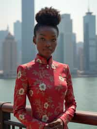 stylish and chic  woman in Shanghai wearing a traditional qipao/mandarin-collar suit, modern skyline in the background