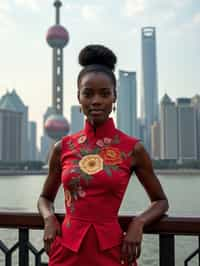 stylish and chic  woman in Shanghai wearing a traditional qipao/mandarin-collar suit, modern skyline in the background