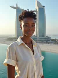 stylish and chic  woman in Dubai wearing a stylish sundress/linen shirt, the Atlantis hotel in the background