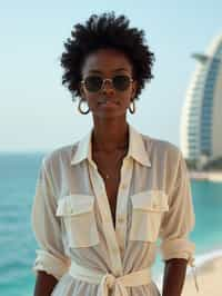 stylish and chic  woman in Dubai wearing a stylish sundress/linen shirt, the Atlantis hotel in the background