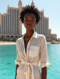 stylish and chic  woman in Dubai wearing a stylish sundress/linen shirt, the Atlantis hotel in the background