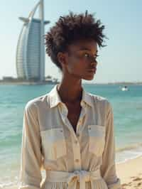 stylish and chic  woman in Dubai wearing a stylish sundress/linen shirt, the Atlantis hotel in the background