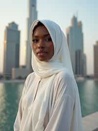 stylish and chic  woman in Dubai wearing a modern, chic abaya/thobe, skyscrapers of Dubai in the background