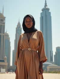 stylish and chic  woman in Dubai wearing a modern, chic abaya/thobe, skyscrapers of Dubai in the background