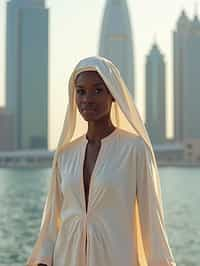 stylish and chic  woman in Dubai wearing a modern, chic abaya/thobe, skyscrapers of Dubai in the background