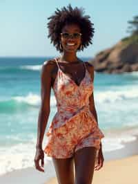 stylish and chic  woman in Sydney wearing a summer dress/shorts and t-shirt, Bondi Beach in the background