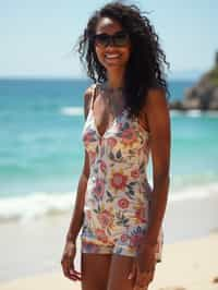 stylish and chic  woman in Sydney wearing a summer dress/shorts and t-shirt, Bondi Beach in the background