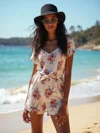 stylish and chic  woman in Sydney wearing a summer dress/shorts and t-shirt, Bondi Beach in the background