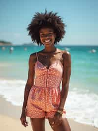 stylish and chic  woman in Sydney wearing a summer dress/shorts and t-shirt, Bondi Beach in the background