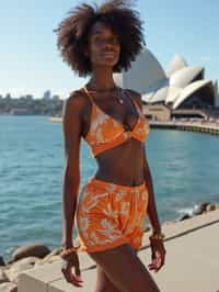 stylish and chic  woman in Sydney wearing a surf-inspired outfit, Sydney Opera House in the background