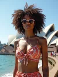 stylish and chic  woman in Sydney wearing a surf-inspired outfit, Sydney Opera House in the background