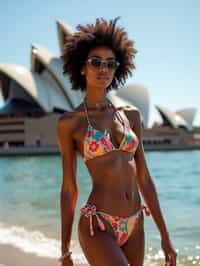 stylish and chic  woman in Sydney wearing a surf-inspired outfit, Sydney Opera House in the background