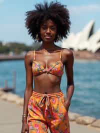 stylish and chic  woman in Sydney wearing a surf-inspired outfit, Sydney Opera House in the background