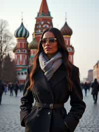 stylish and chic  woman in Moscow wearing a stylish coat and scarf, Saint Basil's Cathedral in the background