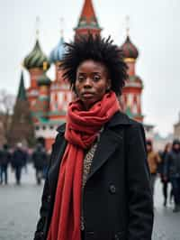 stylish and chic  woman in Moscow wearing a stylish coat and scarf, Saint Basil's Cathedral in the background