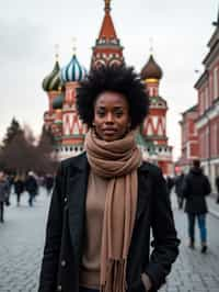 stylish and chic  woman in Moscow wearing a stylish coat and scarf, Saint Basil's Cathedral in the background