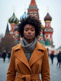 stylish and chic  woman in Moscow wearing a stylish coat and scarf, Saint Basil's Cathedral in the background