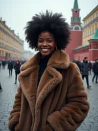 stylish and chic  woman in Moscow wearing a faux fur coat, Kremlin in the background