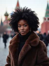 stylish and chic  woman in Moscow wearing a faux fur coat, Kremlin in the background