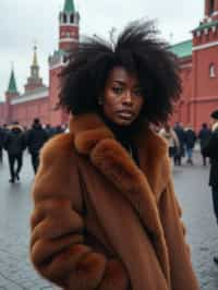 stylish and chic  woman in Moscow wearing a faux fur coat, Kremlin in the background