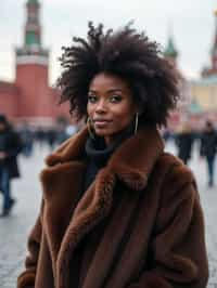 stylish and chic  woman in Moscow wearing a faux fur coat, Kremlin in the background