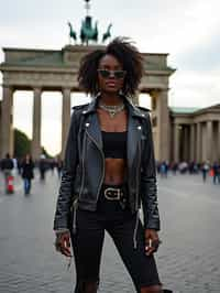 stylish and chic  woman in Berlin wearing a punk-inspired outfit, Brandenburg Gate in the background