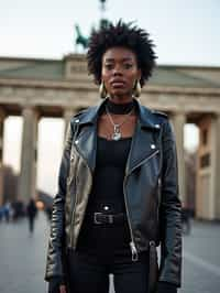 stylish and chic  woman in Berlin wearing a punk-inspired outfit, Brandenburg Gate in the background