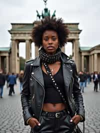 stylish and chic  woman in Berlin wearing a punk-inspired outfit, Brandenburg Gate in the background