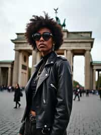 stylish and chic  woman in Berlin wearing a punk-inspired outfit, Brandenburg Gate in the background