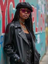 stylish and chic  woman in Berlin wearing a grunge-inspired outfit, Berlin Wall in the background