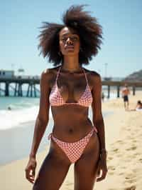 stylish and chic  woman in Los Angeles wearing a trendy beach outfit, Santa Monica pier in the background