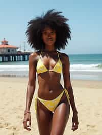 stylish and chic  woman in Los Angeles wearing a trendy beach outfit, Santa Monica pier in the background