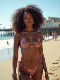 stylish and chic  woman in Los Angeles wearing a trendy beach outfit, Santa Monica pier in the background