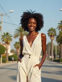 stylish and chic  woman in Los Angeles wearing a summer dress/linen suit, palm trees in the background