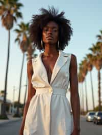 stylish and chic  woman in Los Angeles wearing a summer dress/linen suit, palm trees in the background