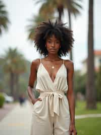 stylish and chic  woman in Los Angeles wearing a summer dress/linen suit, palm trees in the background