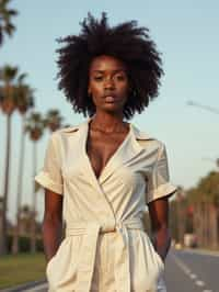 stylish and chic  woman in Los Angeles wearing a summer dress/linen suit, palm trees in the background