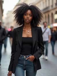 stylish and chic  woman in Milan wearing a fashionable blazer and jeans, Duomo di Milano in the background