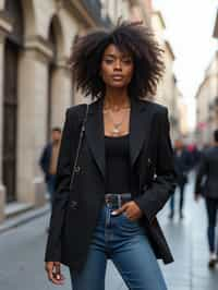 stylish and chic  woman in Milan wearing a fashionable blazer and jeans, Duomo di Milano in the background