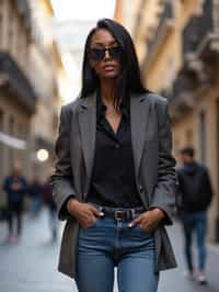 stylish and chic  woman in Milan wearing a fashionable blazer and jeans, Duomo di Milano in the background