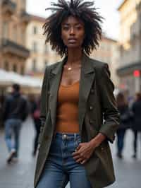 stylish and chic  woman in Milan wearing a fashionable blazer and jeans, Duomo di Milano in the background