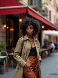 stylish and chic  woman in Milan wearing high fashion attire in front of a classic Italian café