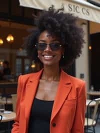 stylish and chic  woman in Milan wearing high fashion attire in front of a classic Italian café