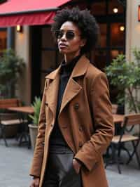 stylish and chic  woman in Milan wearing high fashion attire in front of a classic Italian café