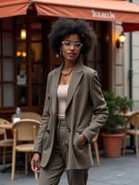 stylish and chic  woman in Milan wearing high fashion attire in front of a classic Italian café