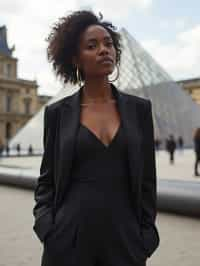 stylish and chic  woman in Paris wearing a chic black dress/suit, Louvre pyramid in the background