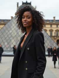 stylish and chic  woman in Paris wearing a chic black dress/suit, Louvre pyramid in the background